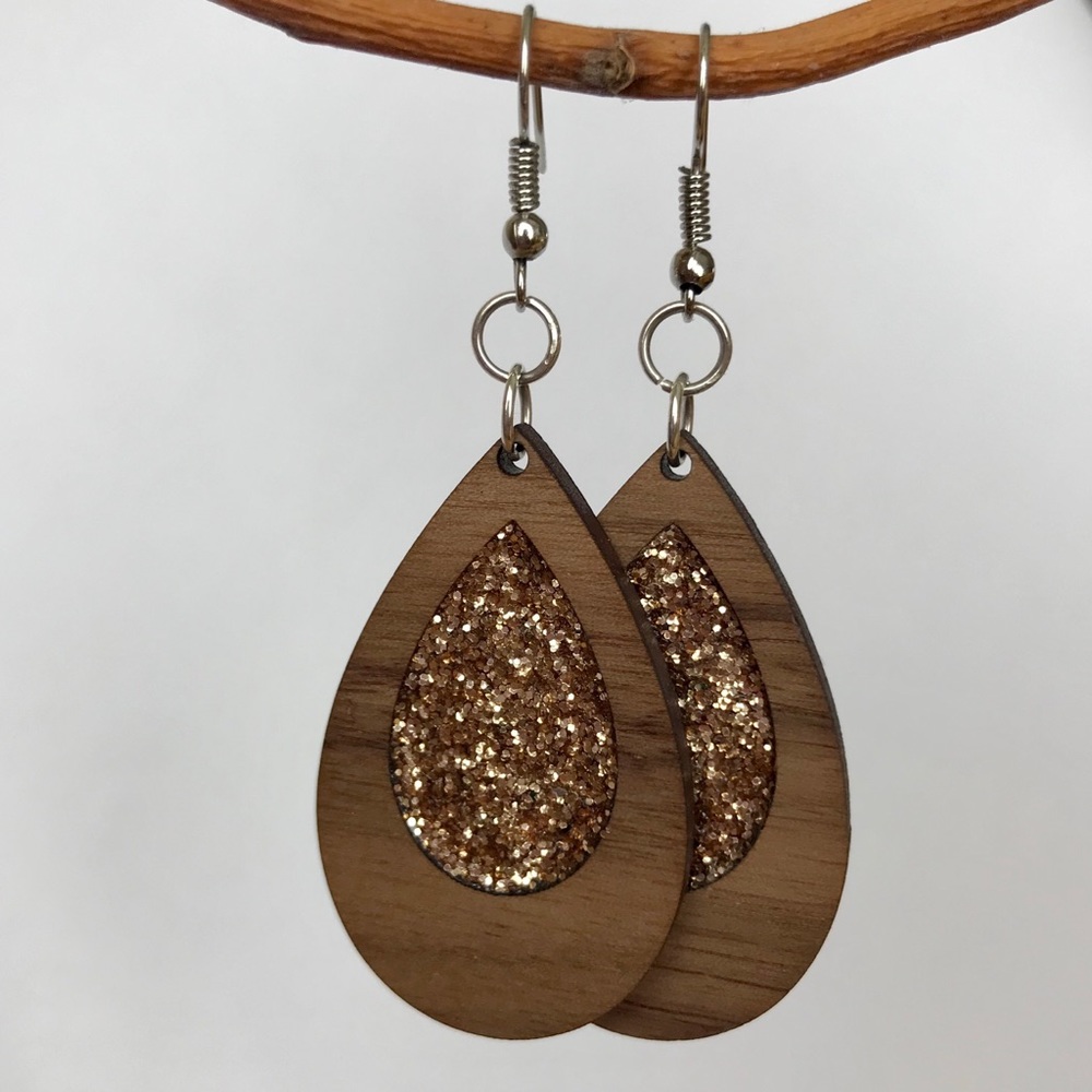 Gold Drop Wood Earrings